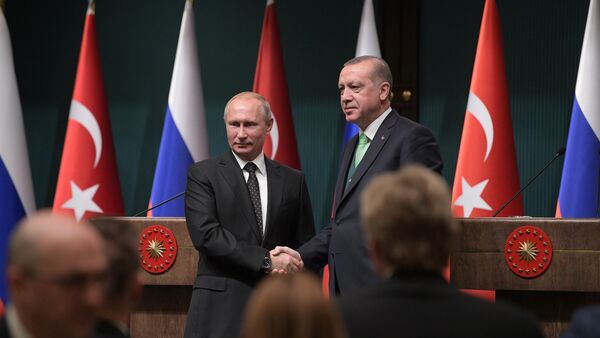 Председници Русије и Турске Владимир Путин и Реџеп Тајип Ердоган током заједничке конференције за медије - Sputnik Србија