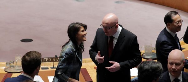 Američki i ruski ambasador u UN, Niki Hejli i Vasilij Nebenzja, pre zasedanja Saveta bezbednosti UN u Njujorku - Sputnik Srbija