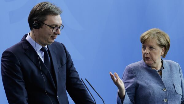 Predsednik Srbije Aleksandar Vučić i nemačka kancelarka Angela Merkel na zajedničkoj konferenciji za medije u Berlinu - Sputnik Srbija