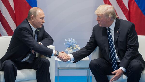 Президент РФ Владимир Путин и президент США Дональд Трамп во время беседы на полях саммита лидеров Группы двадцати G20 в Гамбурге - Sputnik Србија