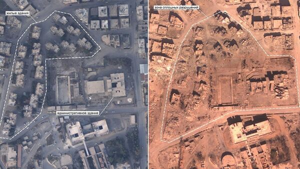 Snimci sirijske Rake koji je napravila ruska avijacija. Na fotografijama se vide razmere razaranja u bombardovanju koalicije na čelu sa SAD - Sputnik Srbija