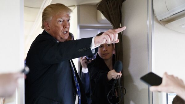 Predsednik SAD Donald Tramp razgovara sa novinarima u predsedničkom avionu - Sputnik Srbija