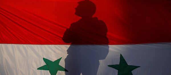 Демонстрант испред сиријске заставе Демонстрант испред сиријске заставе - Sputnik Србија