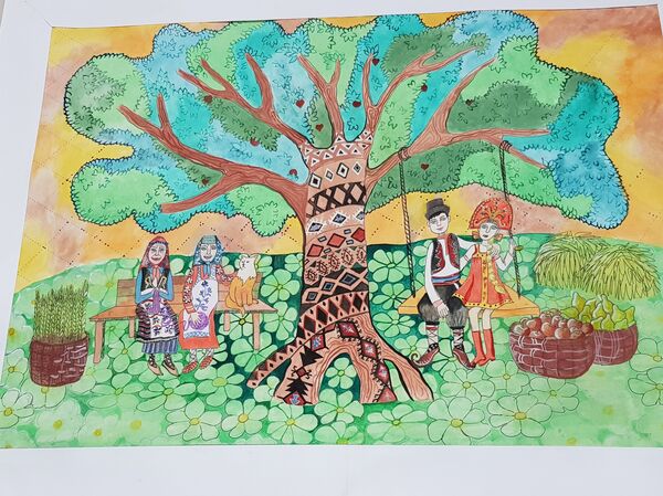 Radovi mladih đaka koji su ukrašavali zidove na manifestaciji  „Srbija u srcu mome“. - Sputnik Srbija