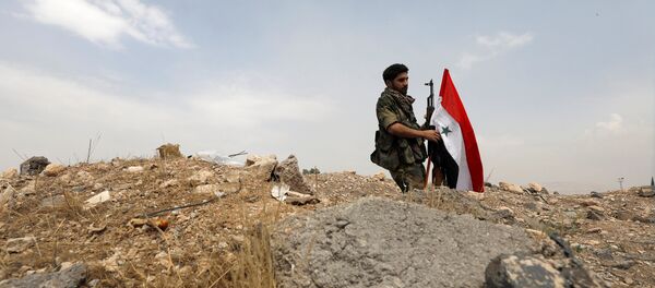 Припадник сиријске војске подиже заставу у близини Дамаска Припадник сиријске војске подиже заставу у близини Дамаска - Sputnik Србија