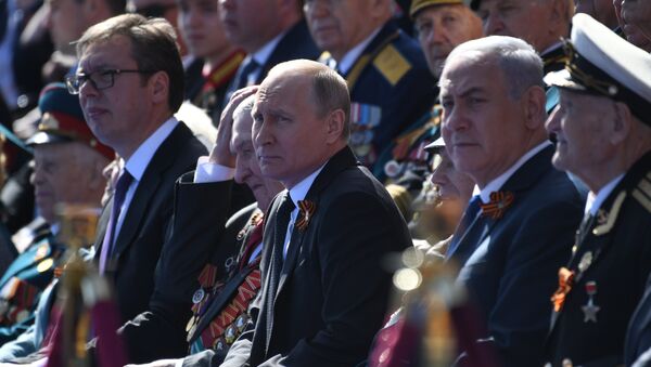 Aleksandar Vučić, Vladimir Putin i Benjamin Netanjahu - Sputnik Srbija