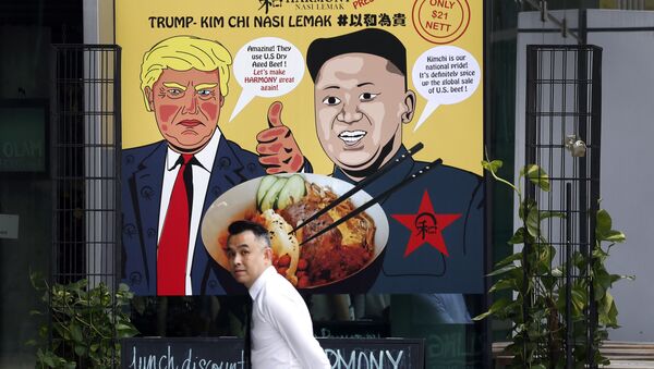Постер који приказује председника САД Доналда Трумпа и лидера Северне Кореје Ким Џонг Уна у Сингапуру - Sputnik Србија
