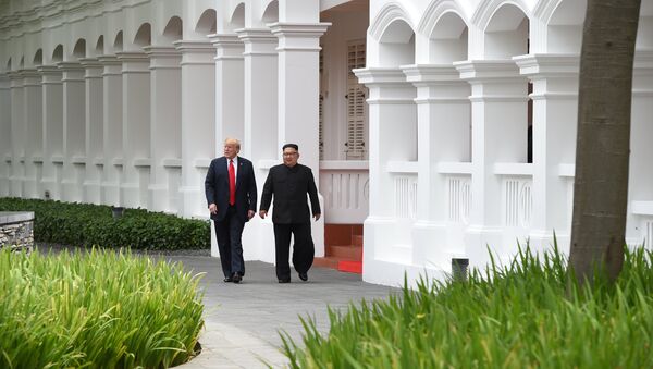Predsednik SAD Donald Tramp i predsednik Severne Koreje Kim Džong UN u Singapuru - Sputnik Srbija