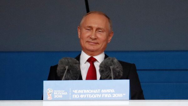 Predsednik Rusije Vladimir Putin na otvaranju Svetskog prvenstva u fudbalu 2018. na stadionu Lužnjiki u Moskvi - Sputnik Srbija