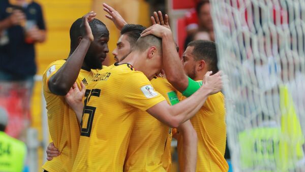 Играчи Белгије прослављају гол у утакмици против Туниса - Sputnik Србија