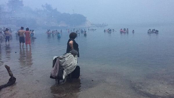 Људи у мору опкољени димом код Атине, Грчка, 23. јул 2018. - Sputnik Србија