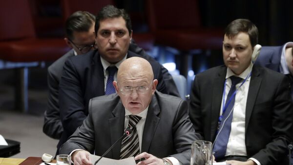 Stalni predstavnik Rusije u UN Vasilij Nebenzja na zasedanju Saveta bezbednosti UN u Njujorku - Sputnik Srbija