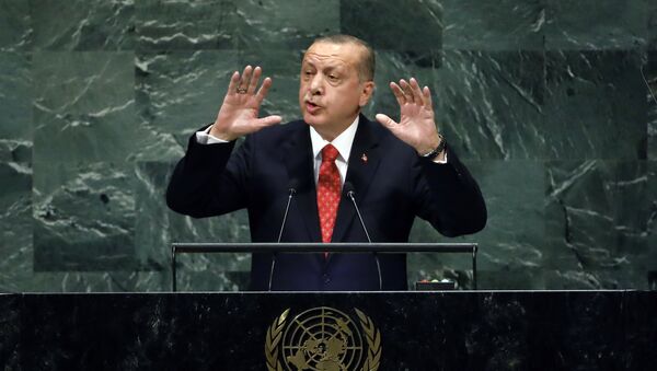 Predsednik Turske Redžep Tajip Erdogan obraća se učesnicima 73. zasedanja Generalne skupštine Ujedinjenih nacija u Njujorku - Sputnik Srbija