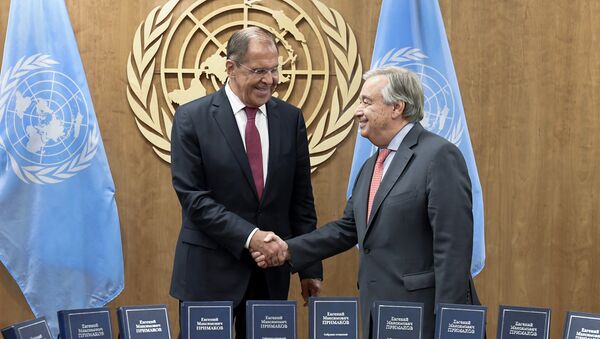 Ministar spoljnih poslova Rusije Sergej Lavrov i generalni sekretar UN Antonio Gutereš na marginama Generalne skupštine UN u Njujorku - Sputnik Srbija