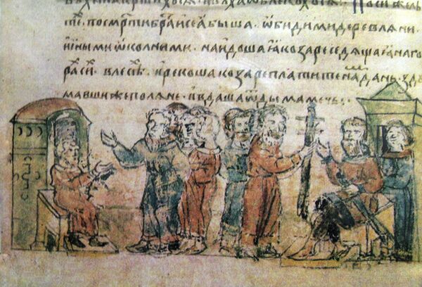 Племе Пољана даје данак хазарима, минијатура из Рађивиловог летописа XV век Племе Пољана даје данак хазарима, минијатура из Рађивиловог летописа XV век - Sputnik Србија