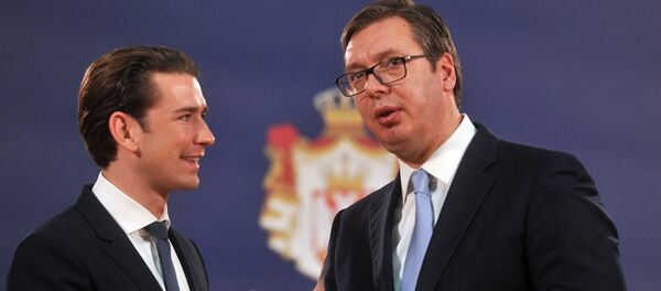 Себастијан Курц и Александар Вучић на конференцији за новинаре у Београду Себастијан Курц и Александар Вучић на конференцији за новинаре у Београду - Sputnik Србија