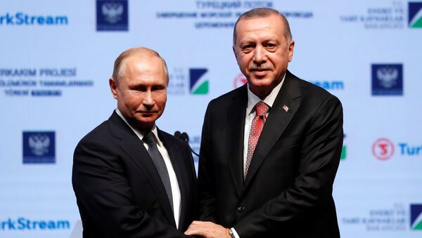 Vladimir Putin i Redžep Tajip Erdogan na ceremoniji završetka postavljanja morskog dela Turskog toka - Sputnik Srbija