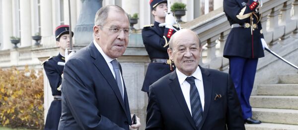 Ministri spoljnih poslova Rusije i Francuske, Sergej Lavrov i Žan-Iv Le Drijan pre sastanka u Parizu - Sputnik Srbija
