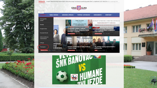 Насловна страна званичне веб презентације града Глина у Хрватској - са рубриком о Томпсону - Sputnik Србија