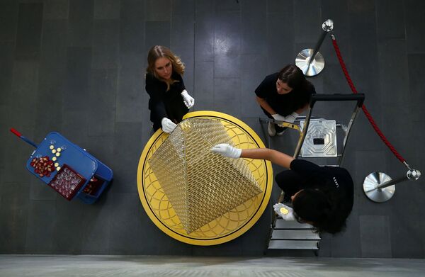 Запослени у компанији „Про аурум“ украшавају новогодишњу јелку са 2.018 златника Бечке филхармоније. Процењује се да јелка вреди 2,3 милиона евра. - Sputnik Србија