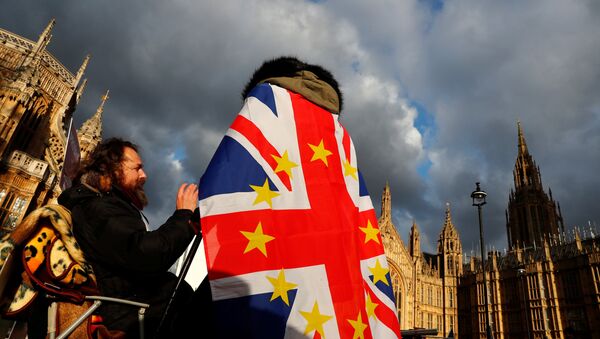 Анти-брегзит демонстрант са заставом Велике Британије са ЕУ звездицама испред зграде парламента у Лондону, 12. децембра 2018. - Sputnik Србија