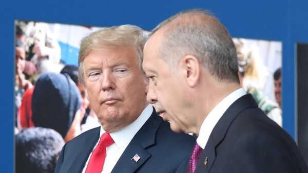 Predsednici SAD i Turske, Donald Tramp i Redžep Tajip Erdogan, na samitu NATO-a u Briselu - Sputnik Srbija