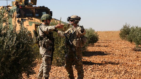 Амерички и турски војник у заједничкој патроли у сиријском Манбиџу - Sputnik Србија