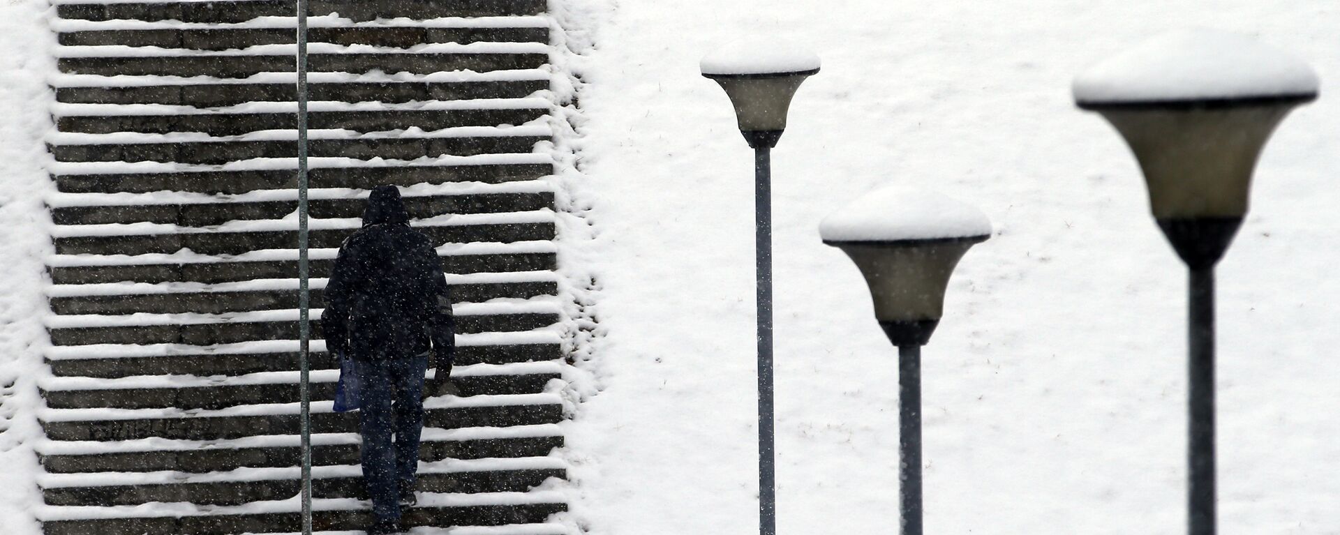 Čovek se penje uz stepenice u parku pokrivenom snegom u Beogradu - Sputnik Srbija, 1920, 08.11.2021