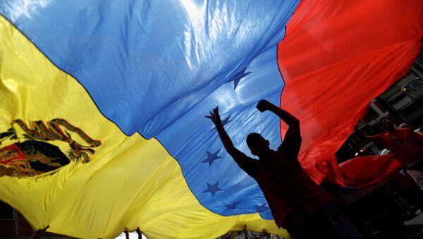 Provladine pristalice nose zastavu Venecuele na protestu protiv američkog predsednika Donalda Trampa u Karakasu - Sputnik Srbija