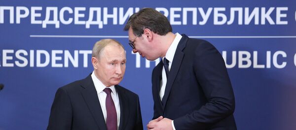 Руски и српски председник, Владимир Путин и Александар Вучић, на конференцији за медије у Београду - Sputnik Србија