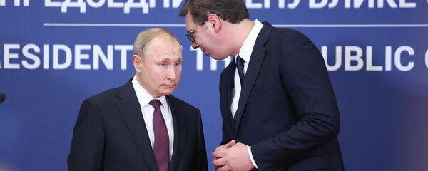 Ruski i srpski predsednik, Vladimir Putin i Aleksandar Vučić, na konferenciji za medije u Beogradu - Sputnik Srbija