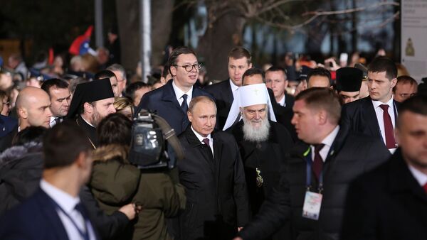 Ulazak ruskog predsednika Vladimira Putina, srpskog predsednika Aleksandra Vučića i Njegove svetosti patrijarha srpskog Irineja u Hram Svetog Save - Sputnik Srbija