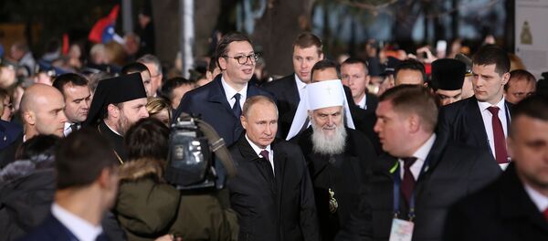 Улазак руског председника Владимира Путина, српског председника Александра Вучића и Његове светости патријарха српског Иринеја у Храм Светог Саве - Sputnik Србија