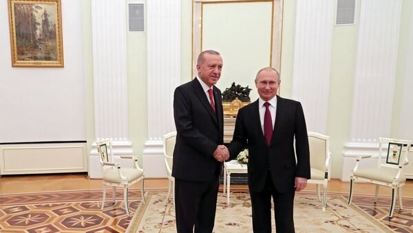 Председници Турске и Русије, Реџеп Тајип Ердоган и Владимир Путин на састанку у Москви - Sputnik Србија