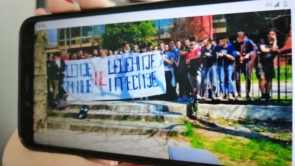 Učenici danilovgradske gimnazije „Petar Prvi Petrović Njegoš“ sa transparentom - Sputnik Srbija
