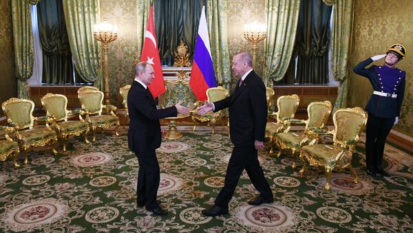 Председници Русије и Турске Владимир Путин и Реџеп Тајип Ердоган на састанку у Москви - Sputnik Србија