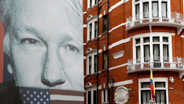 Poster sa likom osnivača Vikiliksa Džulijana Asanža ispred zgrade ambasade Ekvadora u Londonu - Sputnik Srbija