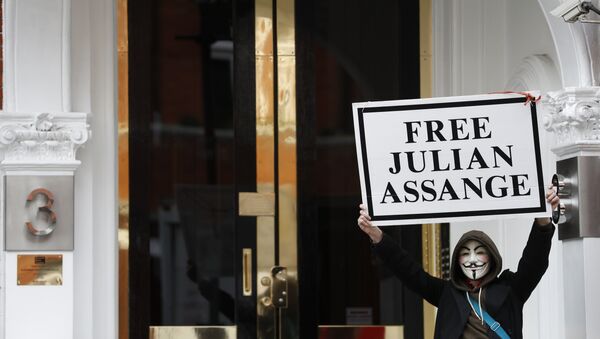 A demonstrator holds up a 'Free Assange' placard outside the front entrance of the Ecuadorian Embassy where Wikileaks founder Julian Assange has been holed out since 2012, in London, Friday, April 5, 2019 - Sputnik Srbija