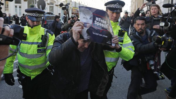 Policija hapsi demonstranta ispred ispred Kraljevskog suda u Londonu koji protestuje zbog hapšenja osnivača Vikiliksa Džulijana Asanža - Sputnik Srbija