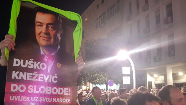 Демонстранти носе транспарент на којем је портрет председника „Атлас групе“ Душка Кнежевића - Sputnik Србија