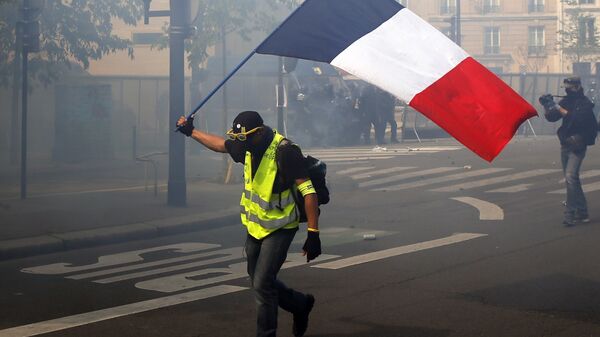 Čovek nosi zastavu Francuske na demonstracijama u Parizu - Sputnik Srbija