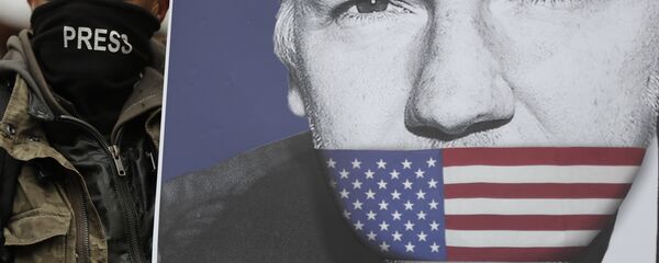 Присталица Џулијана Асанжа са постером са ликом оснивача Викиликса, на протесту испред суда у Лондону - Sputnik Србија