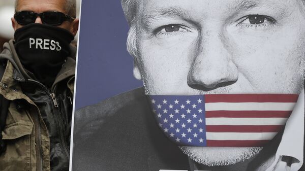 Присталица Џулијена Асанжа са постером са ликом оснивача Викиликса, на протесту испред суда у Лондону - Sputnik Србија