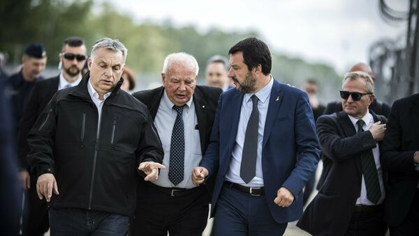 Viktor Orban i Mateo Salvini na mađarsko-srpskoj granici koja je opasana žicom protiv ulaska ilegalnih migranata - Sputnik Srbija