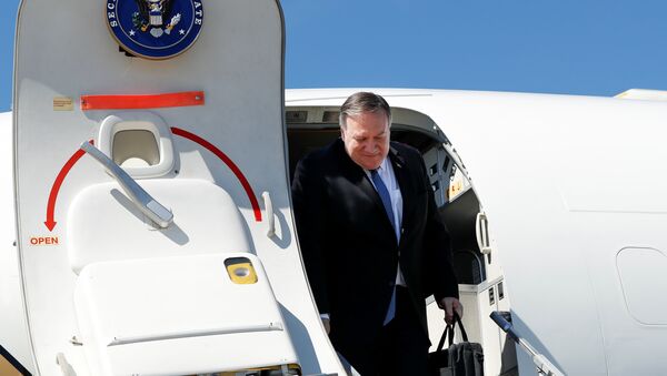 Амерички државни секретар Мајк Помпео искрцава се из авиона на аеродрому у Сочију - Sputnik Србија