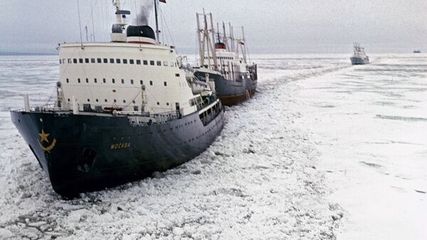 Ледоломац Москва води караван бродова кроз арктички лед - Sputnik Србија