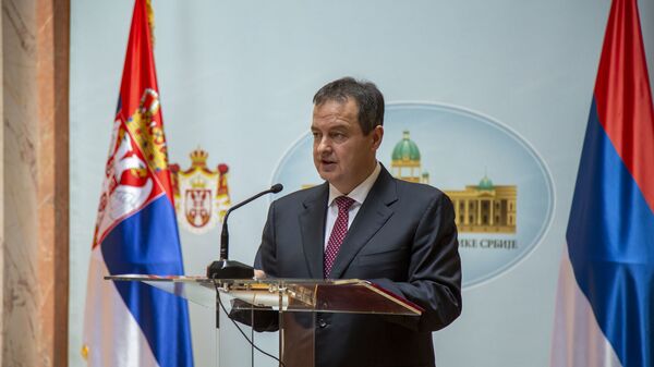 Ministar spoljnih oslova Srbije Ivica Dačić se obraća prisutnima na prijemu - Sputnik Srbija