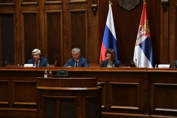 Vjačeslav Volodin na otvaranju četvrtog zasedanja Komisije za saradnju Državne dume Federalne skupštine Ruske Federacije i Narodne skupštine Republike Srbije. Vjačeslav Volodin na otvaranju četvrtog zasedanja Komisije za saradnju Državne dume Federalne skupštine Ruske Federacije i Narodne skupštine Republike Srbije. - Sputnik Srbija