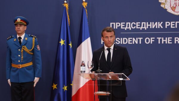 Француски председник Емануел Макрон на конференцији у Палати „Србија“ - Sputnik Србија