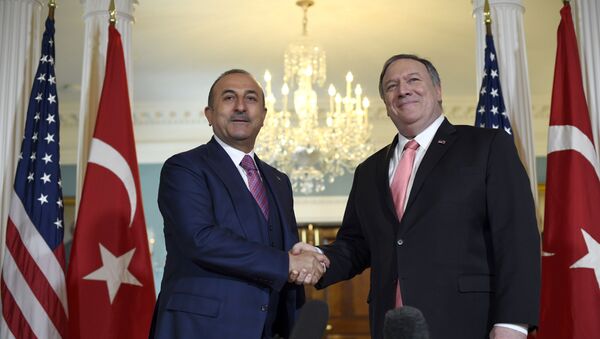Američki državni sekretar Majk Pompeo i ministar spoljnih poslova Turske Mevlut Čavušoglu na sastanku u Vašingtonu - Sputnik Srbija